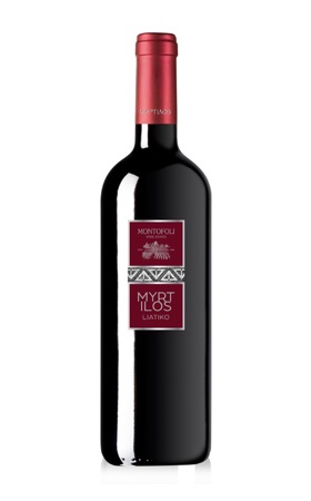 a bordeaux type bottle of Myrtilos Liatiko Red dry wine produced by Montofoli Wine Estate