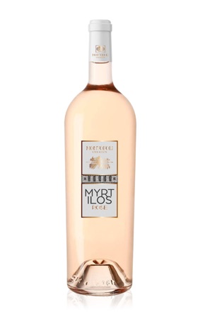 a bordeaux type bottle of Myrtilos Rose dry wine produced by Montofoli Wine Estate